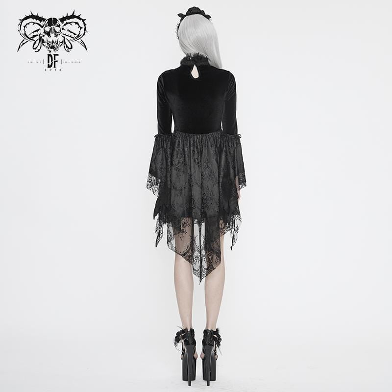 Women's Vintage Gothic Black Lace Over-lay Short Dress with Full Flared Sleeves Wedding Dress