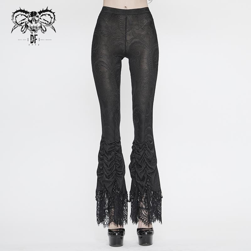 Women's Vintage Gothic Black Laced Trimmed Flared Trousers