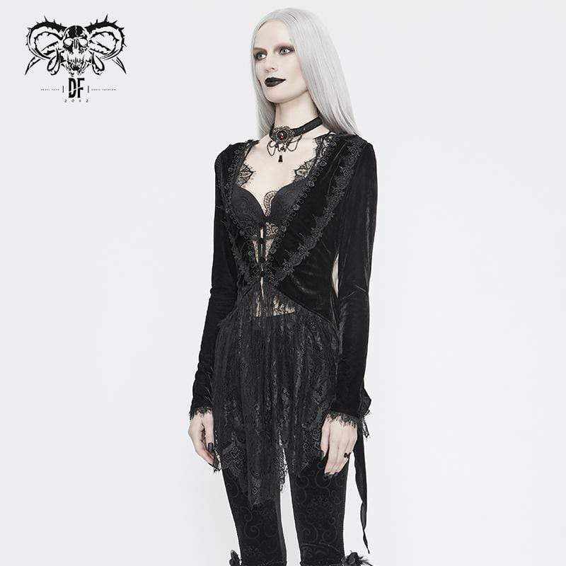 Women's Vintage Gothic Black Velvet and Delicate Lace Asymmetrical Jacket