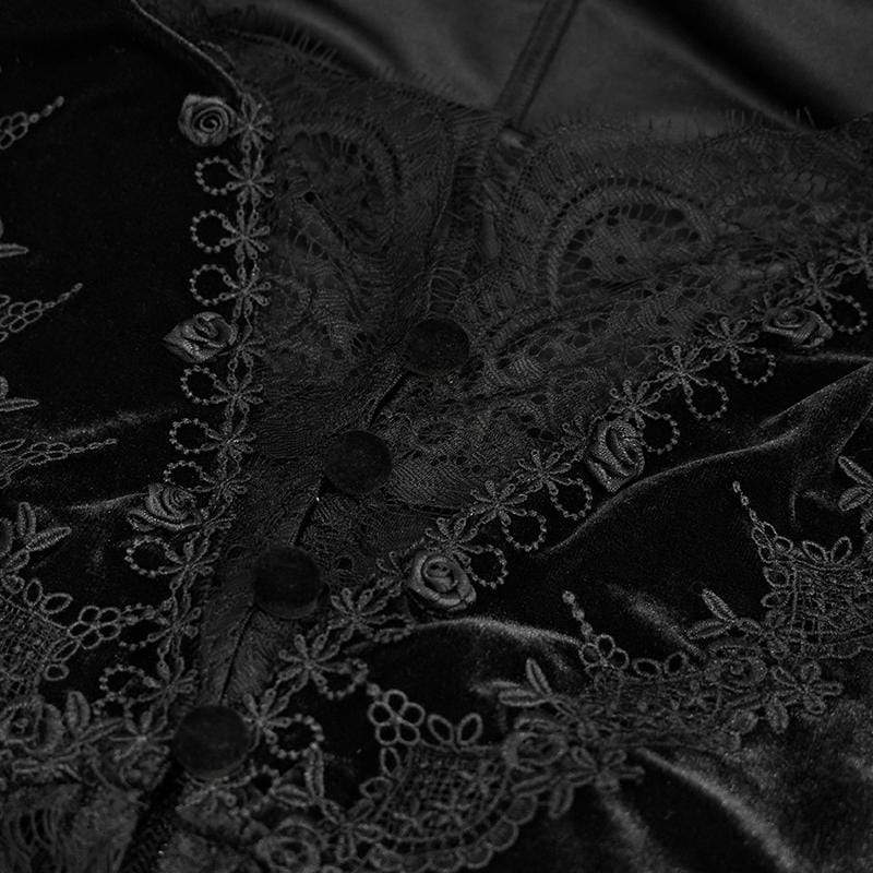 Women's Vintage Gothic Black Velvet and Delicate Lace Asymmetrical Jacket