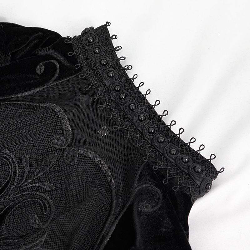 Women's Vintage Gothic Black Velvet with Baroque Embroidered Lace Inset Full Sleeves Tops
