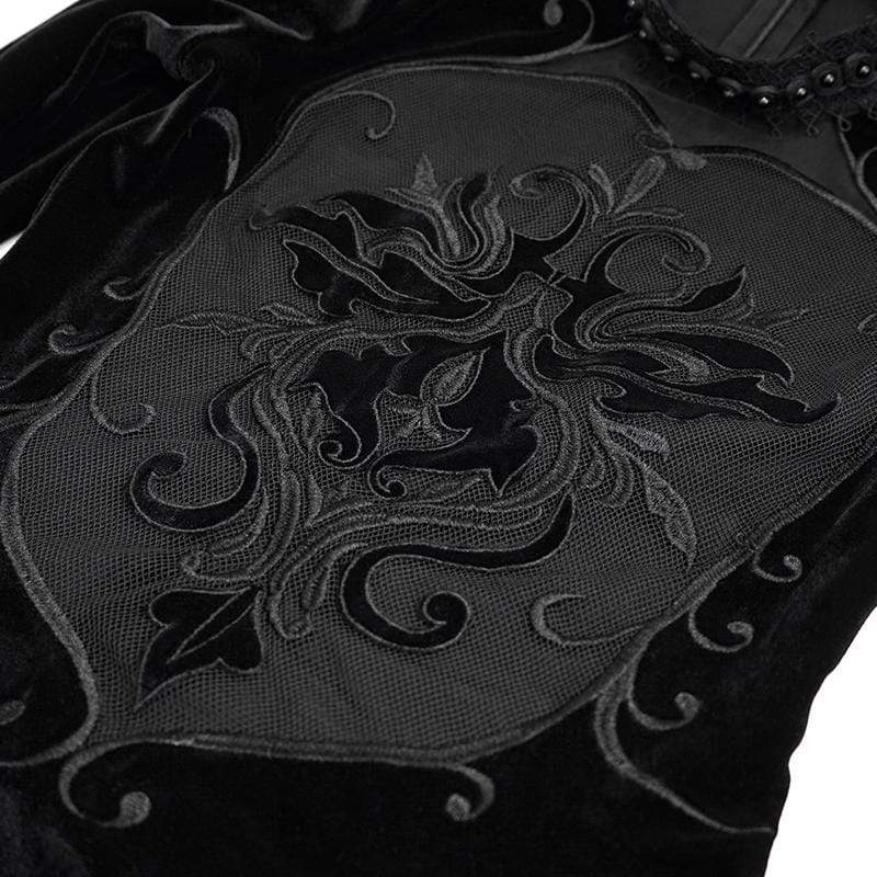 Women's Vintage Gothic Black Velvet with Baroque Embroidered Lace Inset Full Sleeves Tops