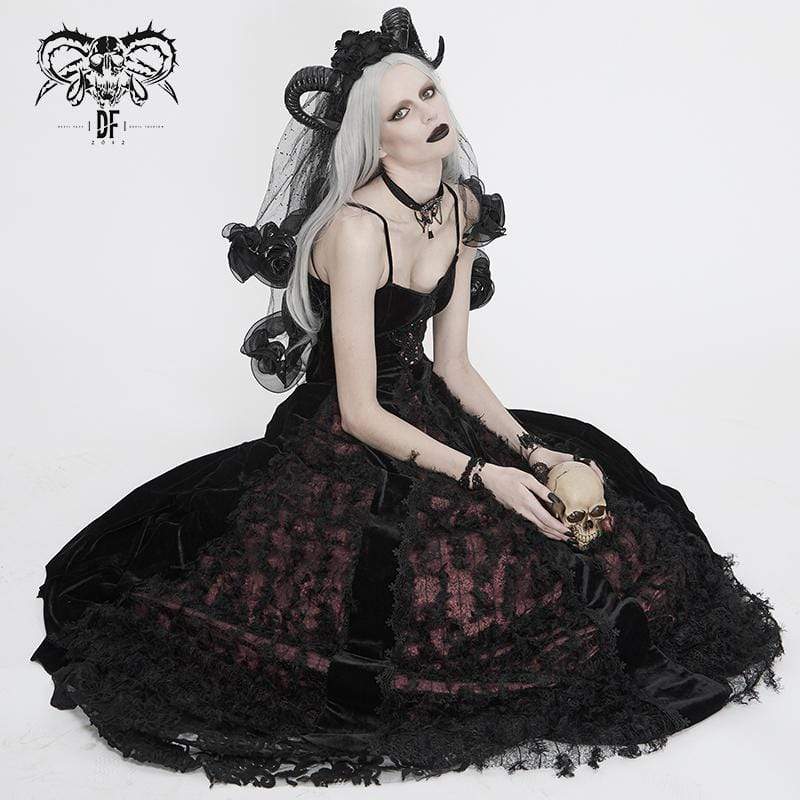Women Gothic Lolita Dress Black Vintage Grunge Velvet Cocktail