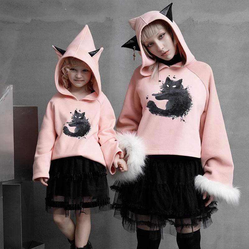 Children's Gothic Cat Printed Hoodies With Cat Ear Hood