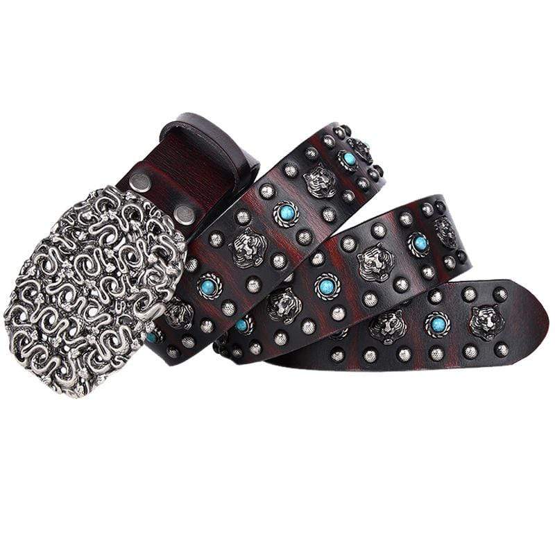 Men's Gothic Belts With Blue Beads And Rivets Of Tigers And