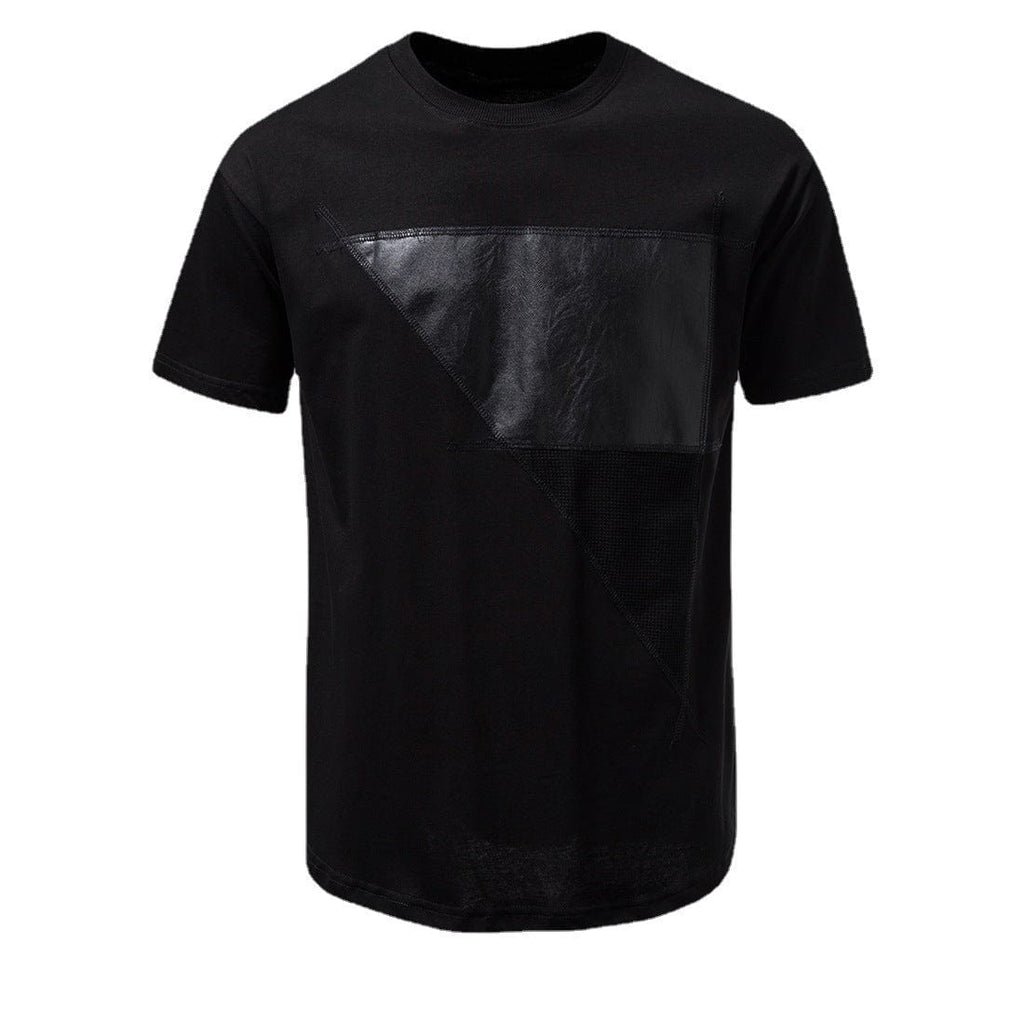 Kobine Men's Punk Faux Leather Patchwork Casual Tee