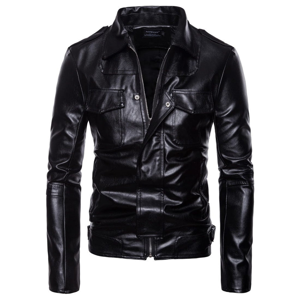 Kobine Men's Punk Turn-down Collar Faux Leather Jacket