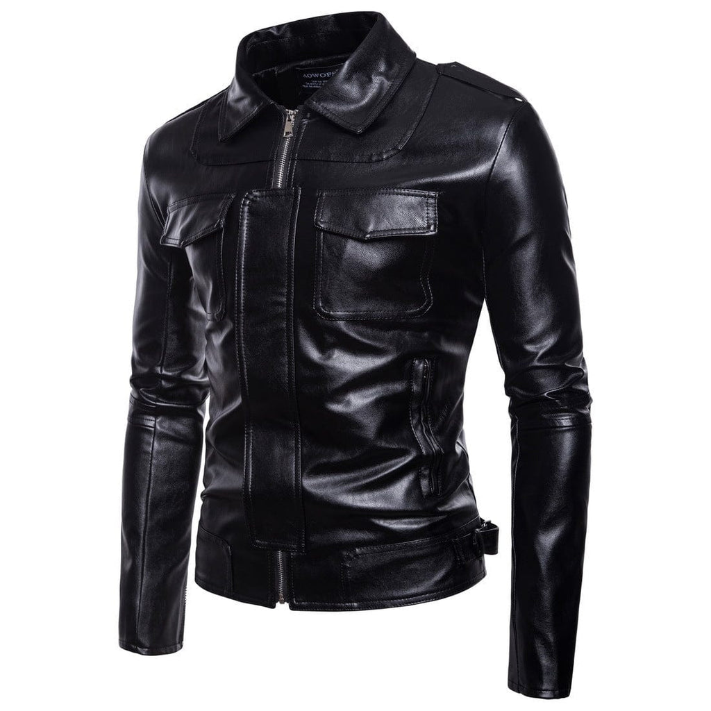 Kobine Men's Punk Turn-down Collar Faux Leather Jacket