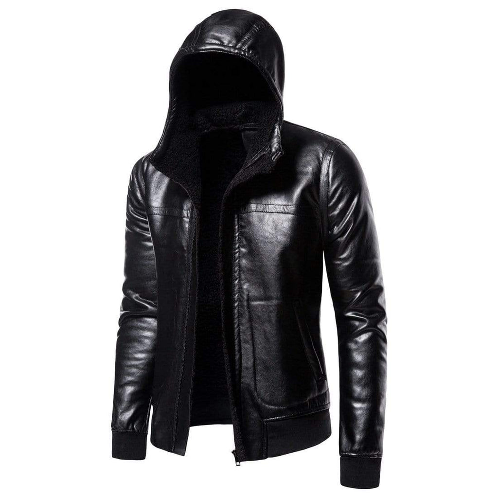 Men's Punk Wool-like Lapel Collar Faux Leather Jackets With Hood