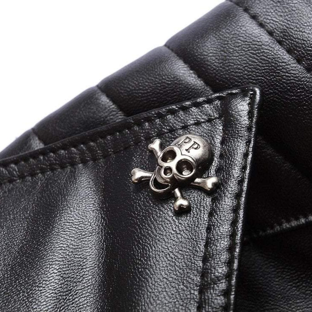 Kobine Men's Skull Turn Down Collar Multi Zipper Faux Leather Slim Jacket