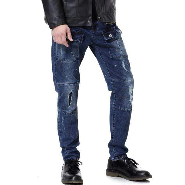 Men's Street Fashion Multi Pockets Ripped Denim Pants