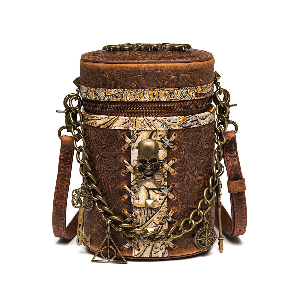 Kobine Unisex Steampunk Skull Embossed Bucket Bag with Chain