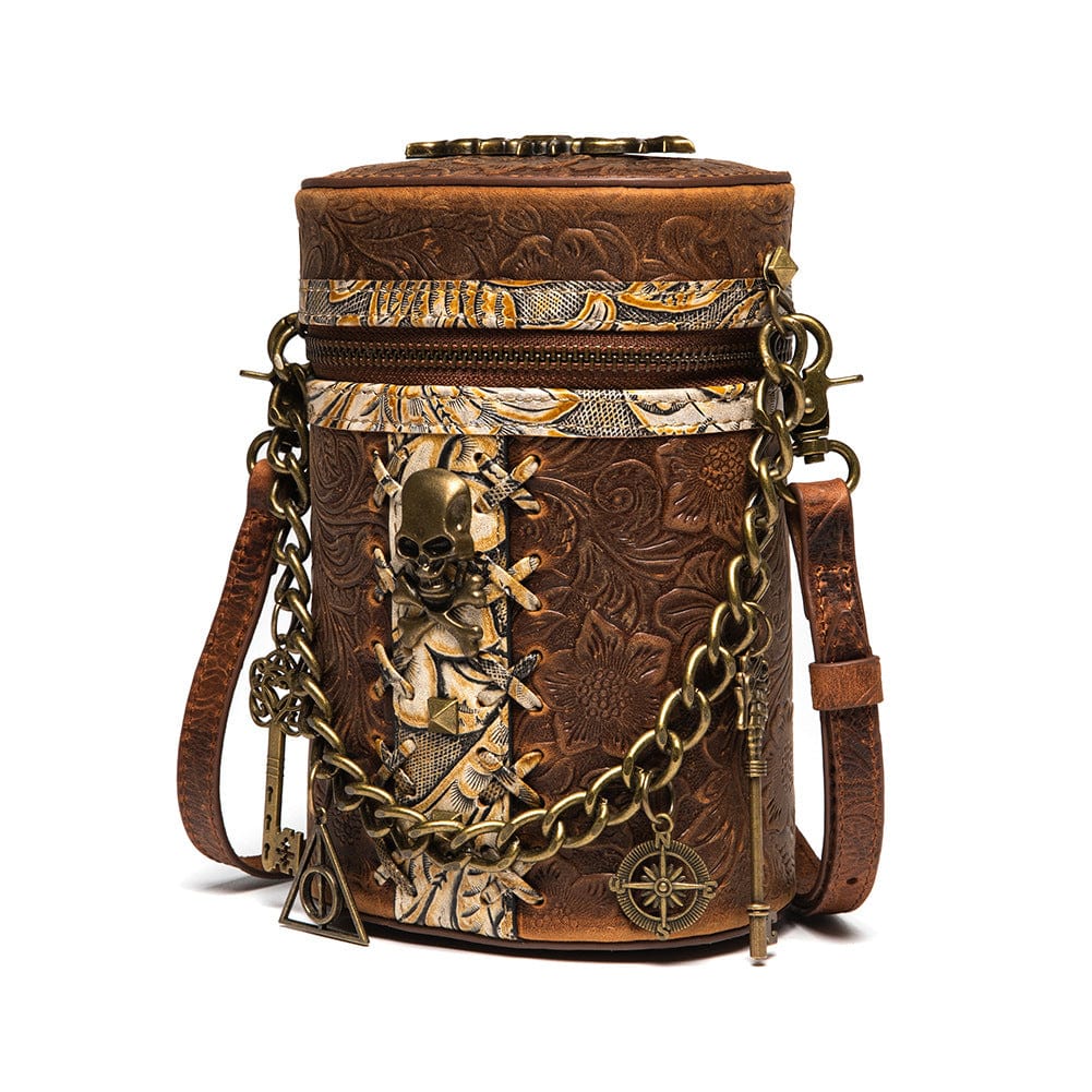 Kobine Unisex Steampunk Skull Embossed Bucket Bag with Chain