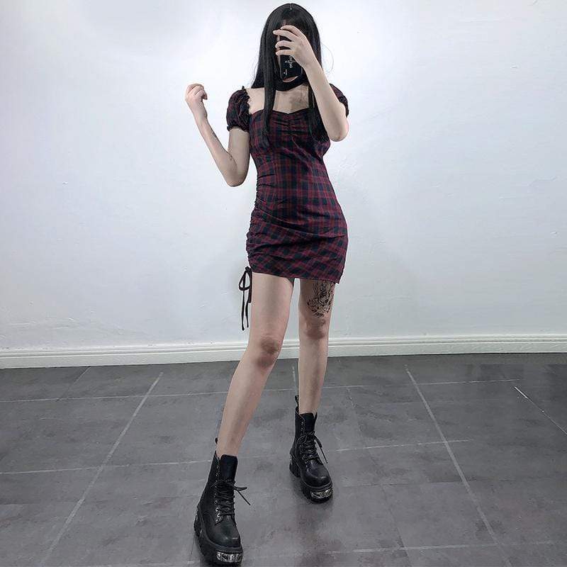 Women's Bubble Sleeved Ruched Plaid Slim Dresses