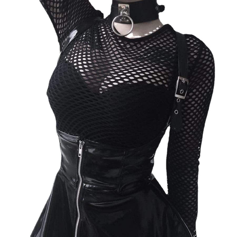 Kobine Women's Front Zipper PU Suspender Circle Dresses