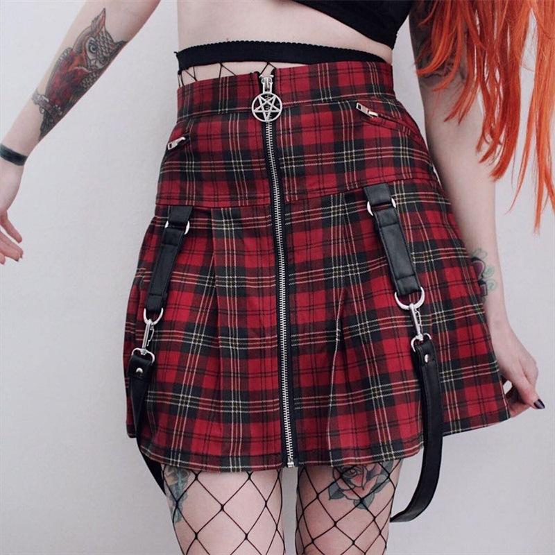Women's Goth Front Zip Pleated Skirts with Straps