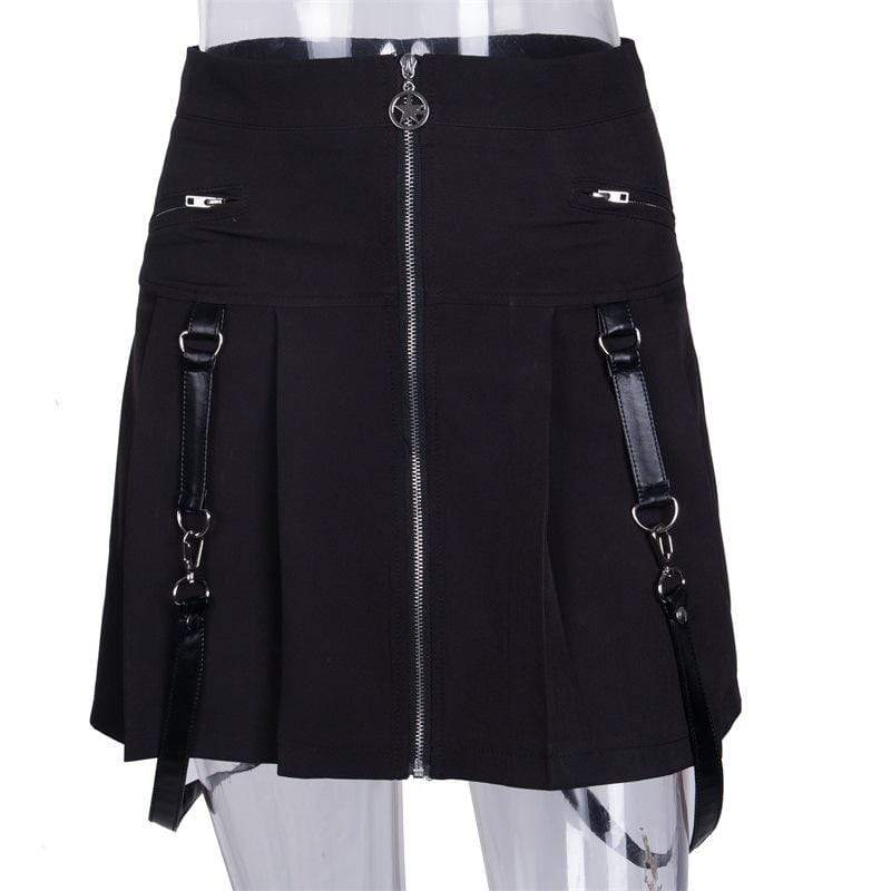 Women's Goth Front Zip Pleated Skirts with Straps
