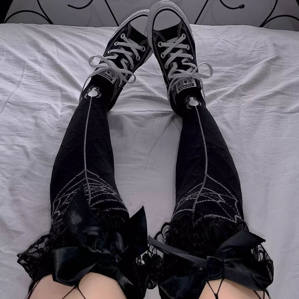 Kobine Women's Goth Spider Web Black Stockings With Bowknot