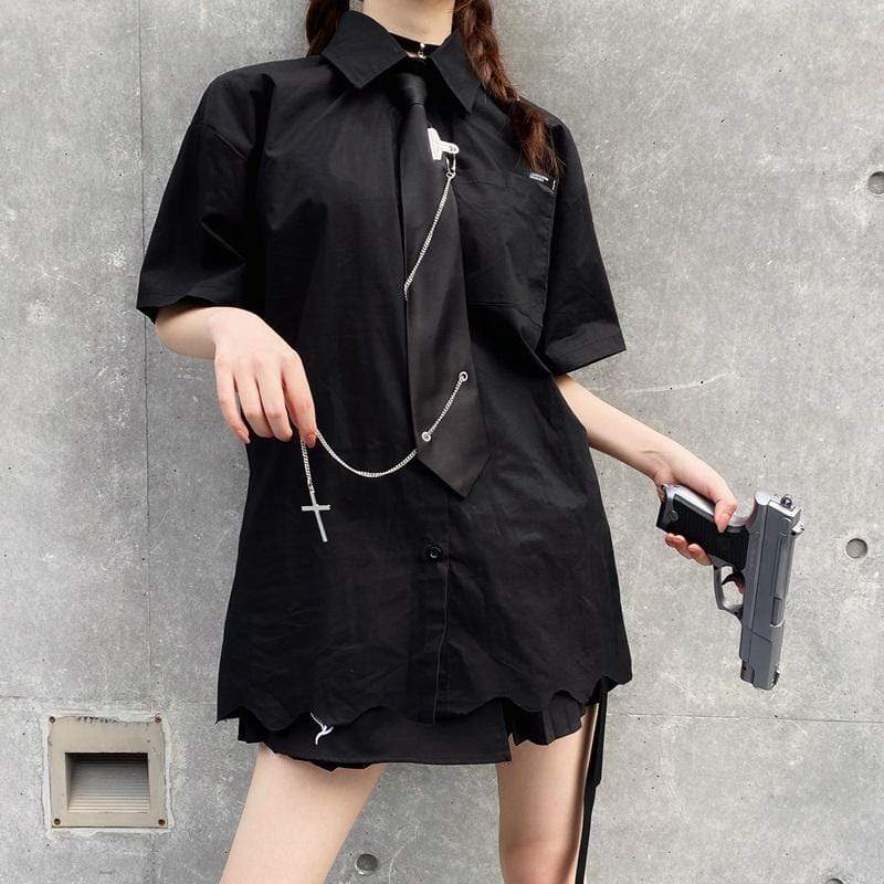 Women's Goth Wave Side Long Shirts Dresses With Chain