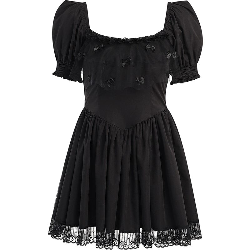 Kobine Women's Gothic Bowknot Puff Sleeved Black Little Dress