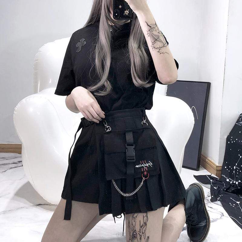 KOBINE Women's Gothic Chain Plaid Pleated Skirts With Pocket