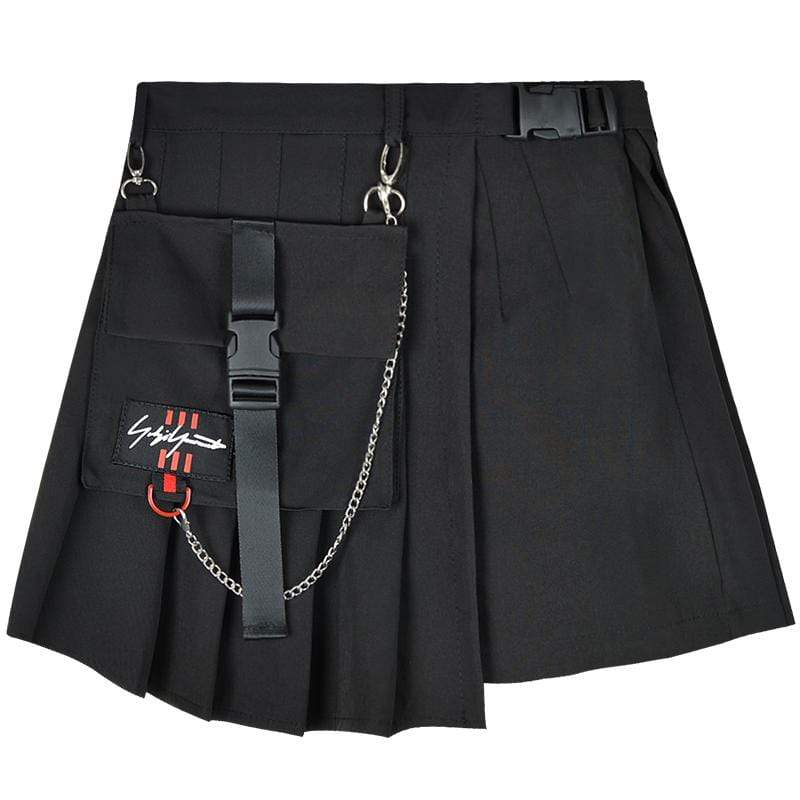 KOBINE Women's Gothic Chain Plaid Pleated Skirts With Pocket