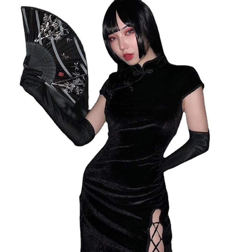 Kobine Women's Gothic Chinese Slit Velet Dresses