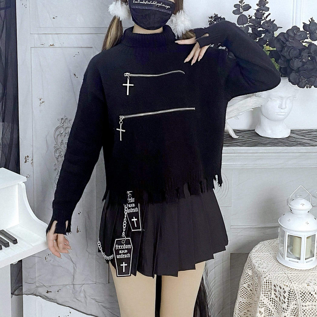 Women's Gothic Coffin Cross Pleated Skirts With Belts