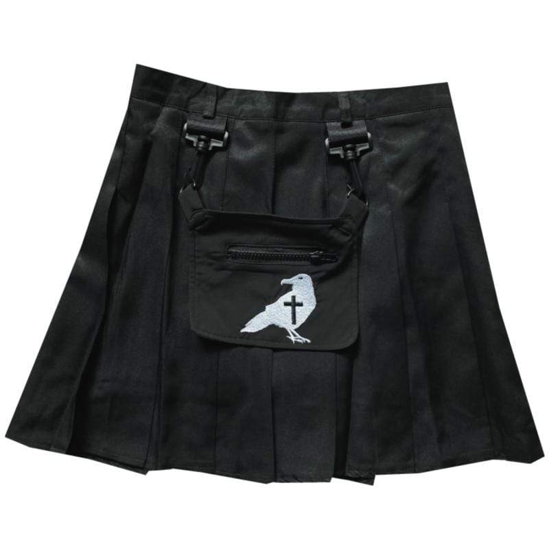 Women's Gothic Crow Embroidered Pleated Skirts With Pocket