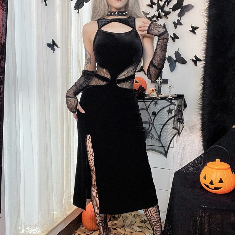 Kobine Women's Gothic Cutout Split Velvet Dress with Oversleeves