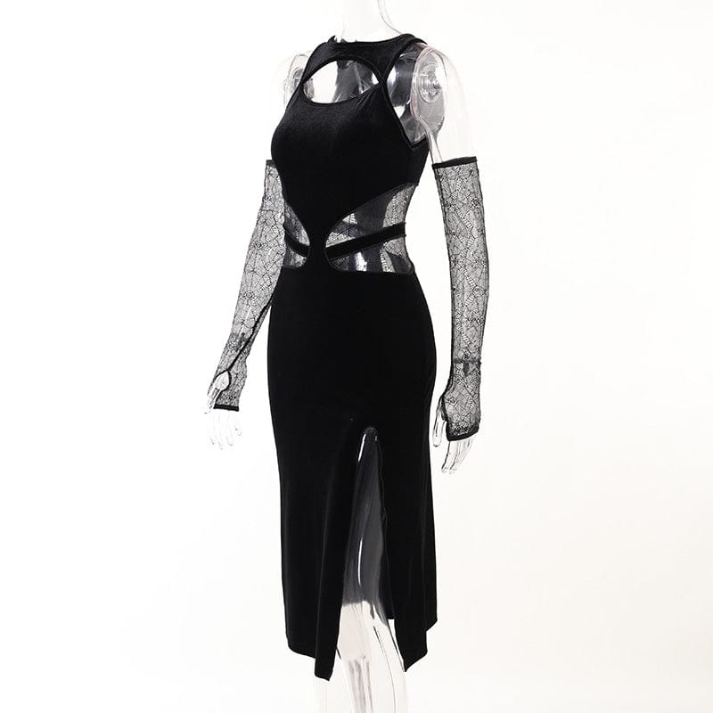 Kobine Women's Gothic Cutout Split Velvet Dress with Oversleeves