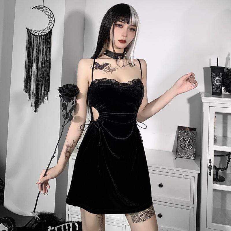 Women's Gothic Cutout Waist Velet Slip Dress