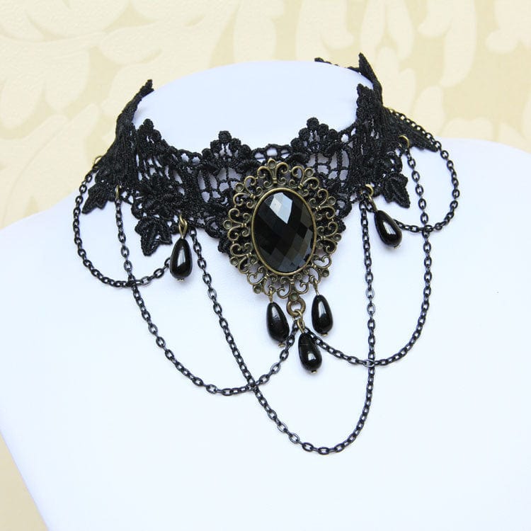 Kobine Women's Gothic Diamante Lace Choker with Chain