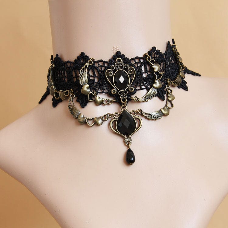 Kobine Women's Gothic Diamante Lace Choker with Heart Chain