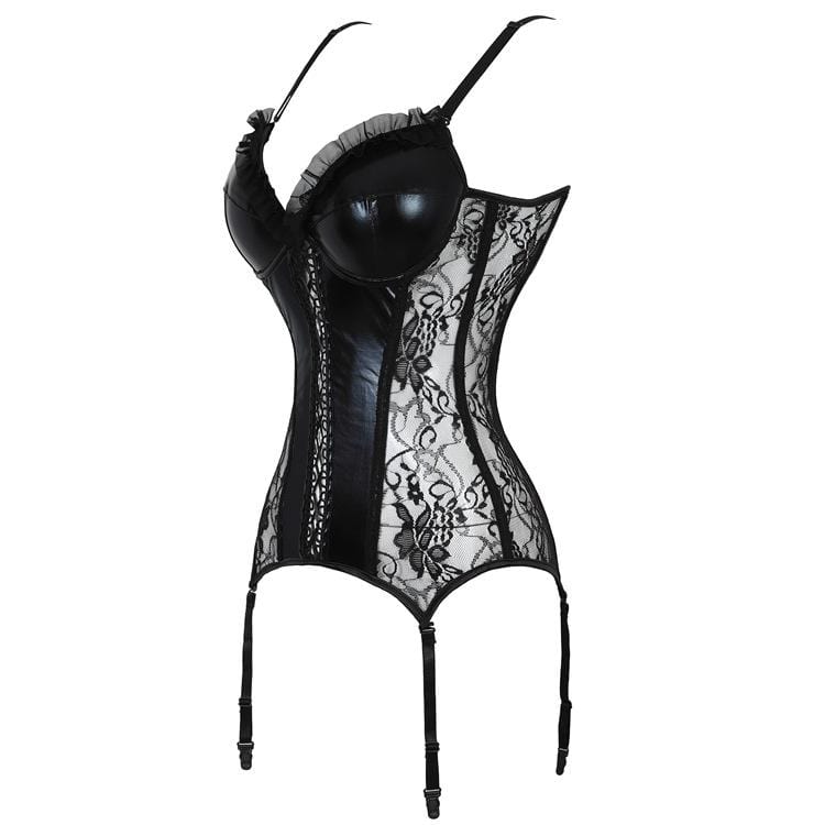 Women's Gothic Faux Leather Splicing Floral Lace Overbust Corsets
