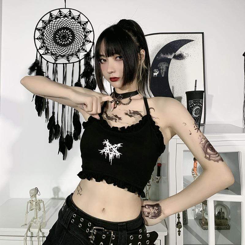 Women's Gothic Five-Pointed Star Printed Back Cross Crop Tops