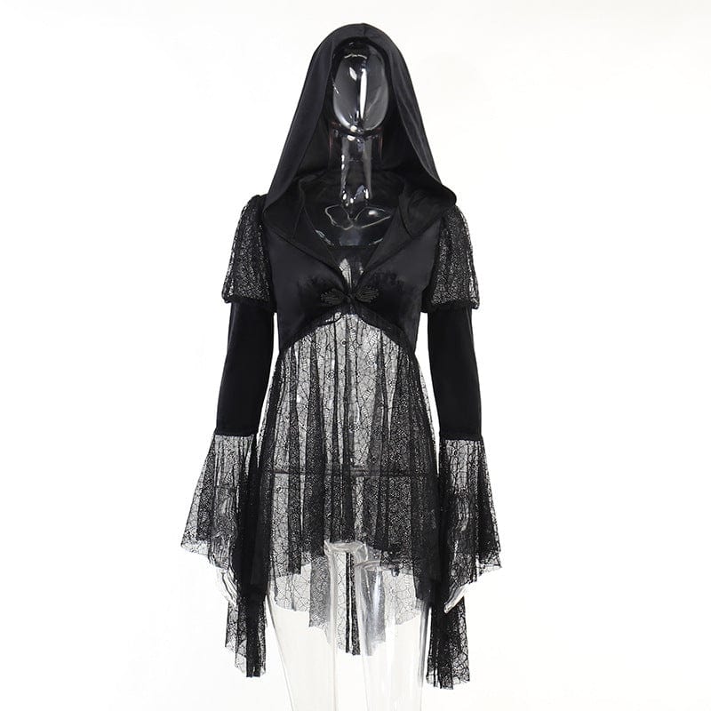 Kobine Women's Gothic Flare Sleeved Lace Coat with Hood