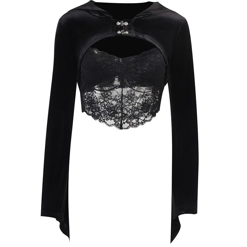 Kobine Women's Gothic Flare Sleeved Velvet Crop Top with Lace Bustier