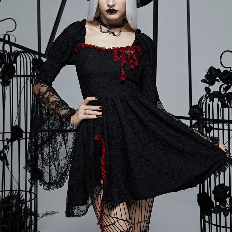 Kobine Women's Gothic Flared Sleeved Lace Splice Dress