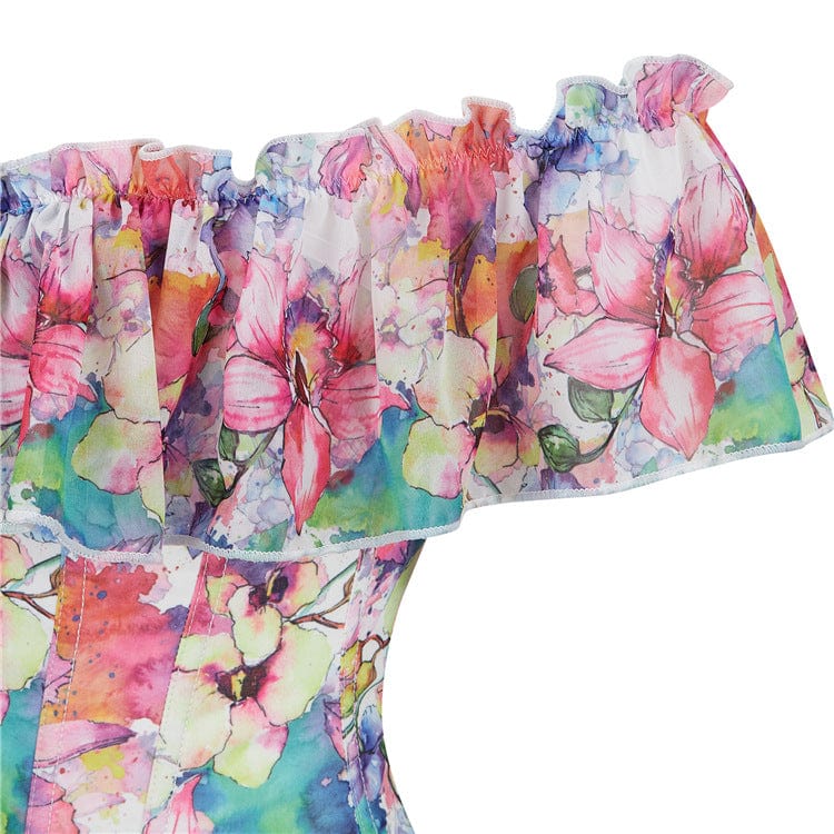 Kobine Women's Gothic Floral Printed Ruffled Overbust Corset