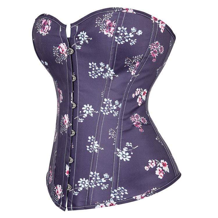 Women's Gothic Floral Printed Strappy Overbust Corset Purple