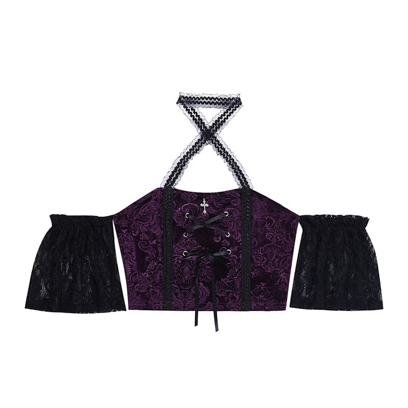 Kobine Women's Gothic Halterneck Lace Sleeved Velet Bustier