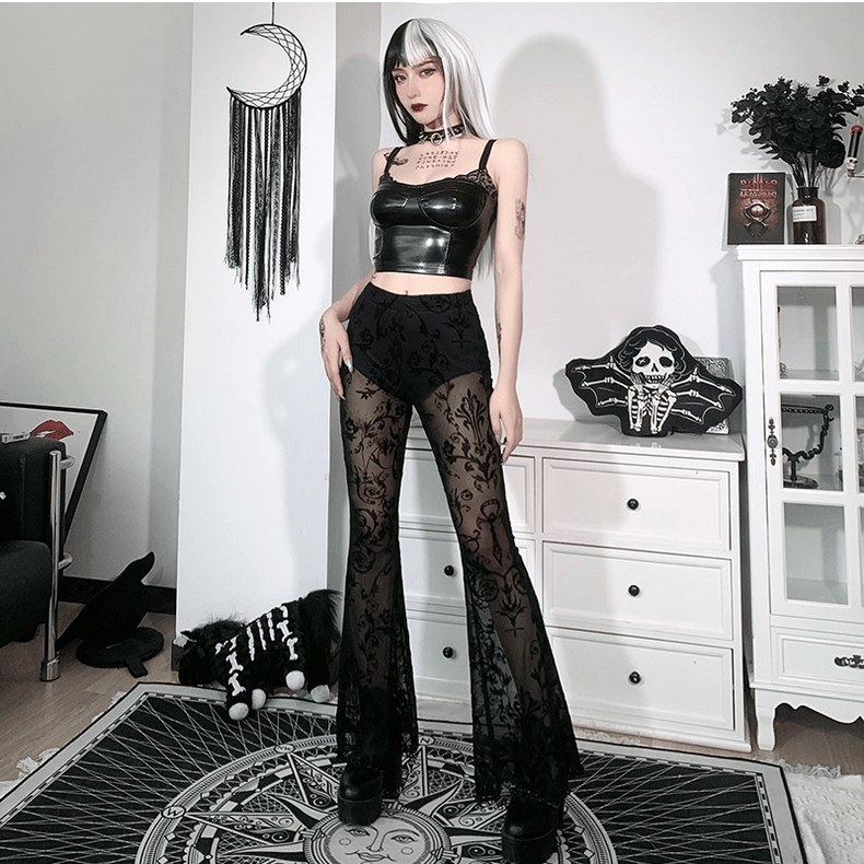 Women's Gothic High-waisted Floral Lace Sheer Bell-bottoms