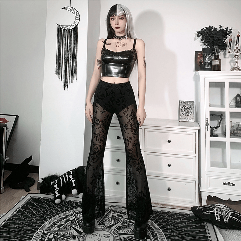 Women's Gothic High-waisted Floral Lace Sheer Bell-bottoms