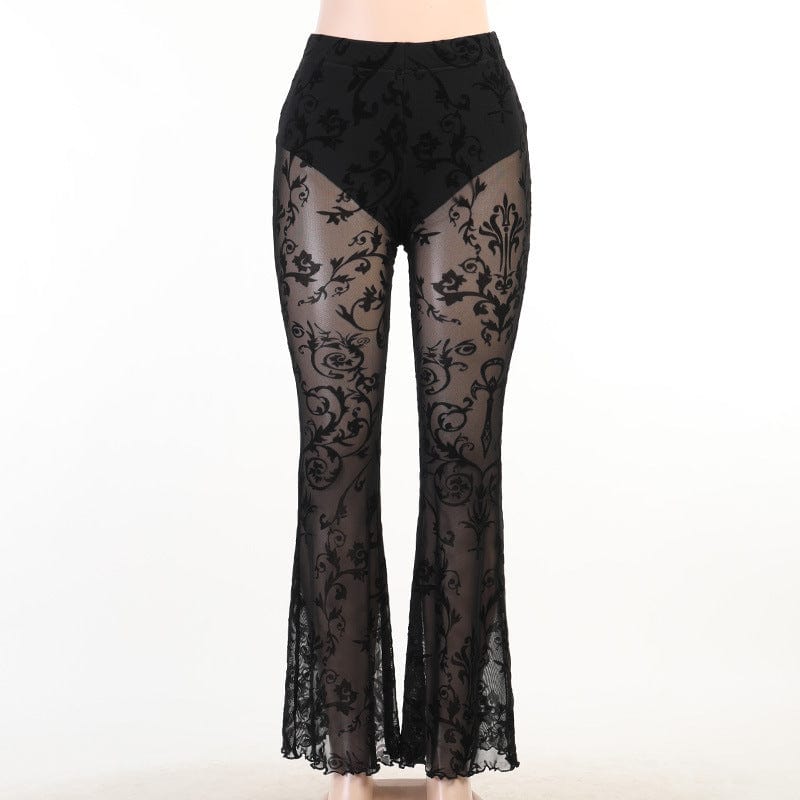 Kobine Women's Gothic High-waisted Floral Lace Sheer Bell-bottoms