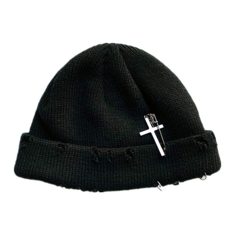 Women's Gothic Knitted Caps With Cross Pin