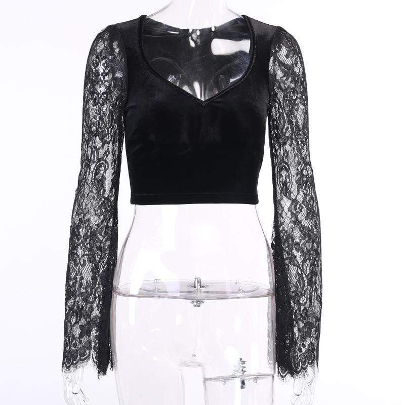 Women's Gothic Lace Flare Sleeved Splicing V-neck Velet Tops