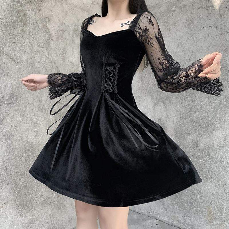 Women's Gothic Lace Floral Sleeve Strappy Velet Dresses – Punk Design