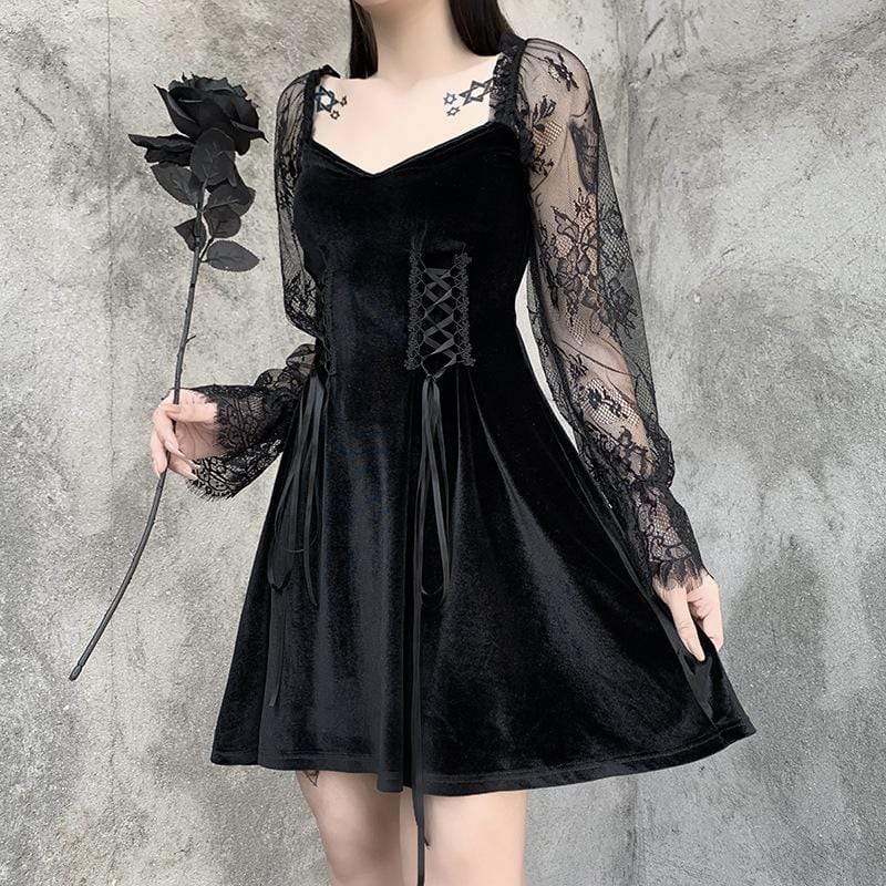 Women's Gothic Lace Floral Sleeve Strappy Velet Dresses