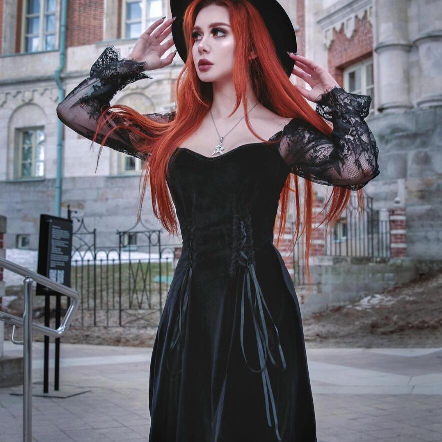 Women's Gothic Lace Floral Sleeve Strappy Velet Dresses – Punk Design